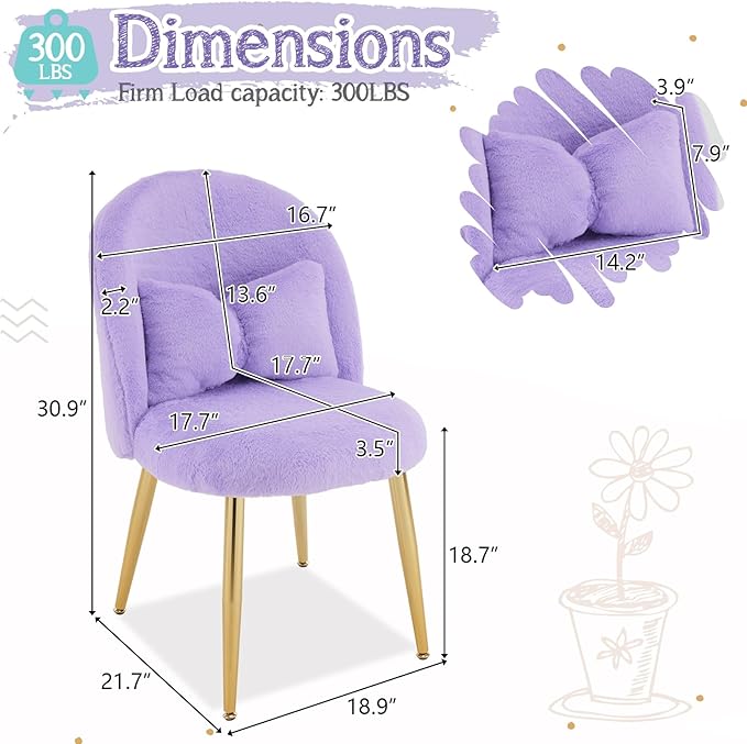 VINGLI Fluffy Girls Vanity Chair with Back &amp PillowCute Small Cozy Desk Chair No WheelsComfy Makeup Ch with Ajustable Gold Legsfor BedroomLiving RoomSmall SpacePurple