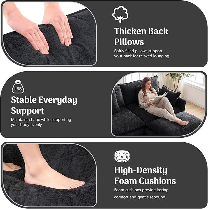 Redlife Modular Single Seat Sofa with Ottoman Chenille Upholstered Accent Chair Spring-Embedded 30D Foam Cushion Removable Covers Solid Wood Frame Easy Assembly Lounge Chair Black