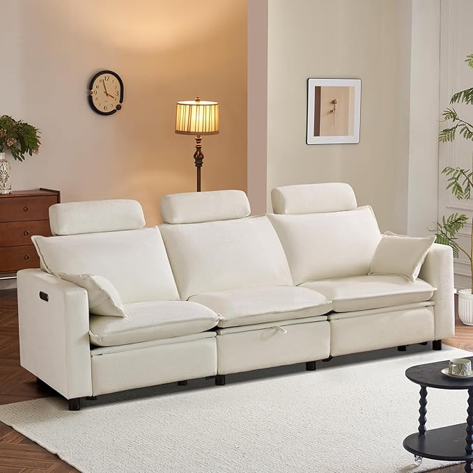 Comfy Cloud Couch – Chenille Electric Reclining Sofa with Adjustable Headrest Modern Power Recliner with Middle Storage Deep Seat Sofa with Throw Pillows for Living Room (Cream)