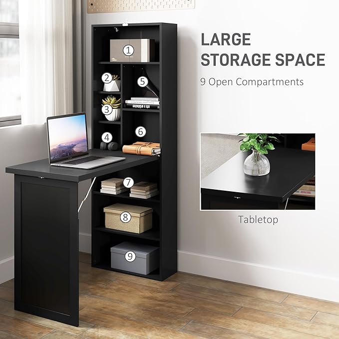 HOMCOM Foldable Convertible Writing Table Wall Mounted Space-Saving Computer Desk with Chalkboard and Storage Shelves for Small Spaces Home Office Bedroom Dorm Apartment Black