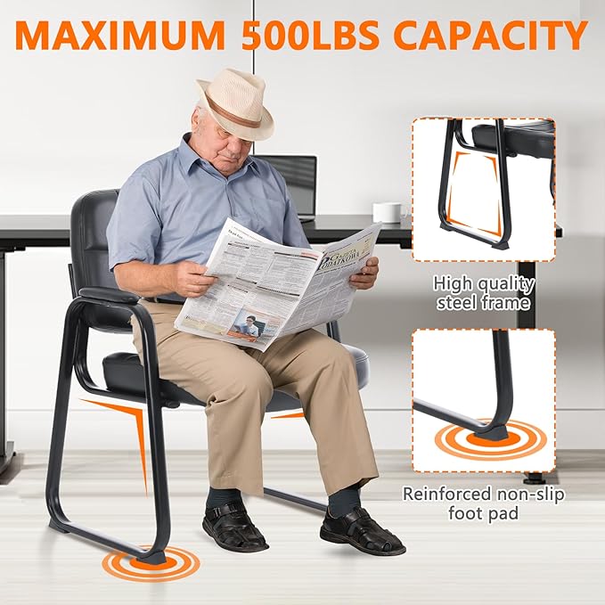 CLATINA Big &amp Tall Waiting Room Guest Chair with Bonded Leather Padded Arm Rest and Sled Base for Office Reception Lobby and Conference Desk Black(6 Pack)