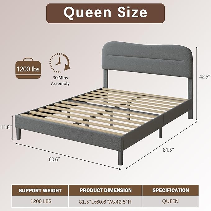 Queen Size Bed Frame with Headboard Upholstered Bed Frame Queen Size Teddy Soft Boucle Fabric Soft Cloud Marshmallow Shape Upholstered Headboard No Box Spring Needed Noise Free (Grey)
