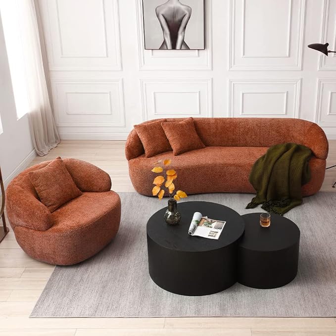 WILLIAMSPACE Swivel Accent Sofa Chair Round Back Boucle Barrel Chair with Pillow Modern Leisure Arm Chair for Hotel Living Room Bedroom Office (Orange)