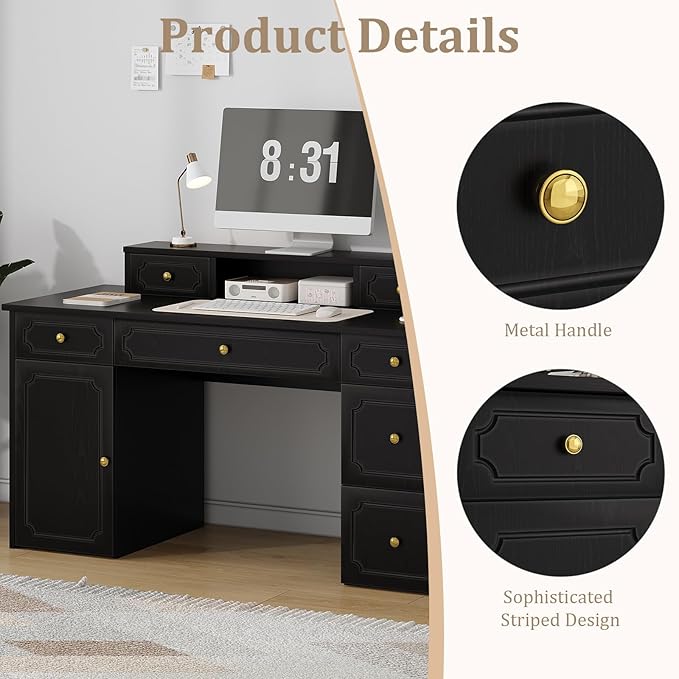 Catrimown Black Desk with 7 Drawers 54 Inch Computer Desk with Cabinet for Work Writing Study Vanity Desk with Golden Handle for Girls Bedroom