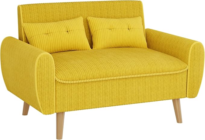 Shintenchi 47 Small Modern Loveseat Couch Sofa Fabric Upholstered 2-Seat Sofa Love Seat Furniture with 2 Pillows Wood Leg for Small Space Living Room Bedroom Apartment Yellow