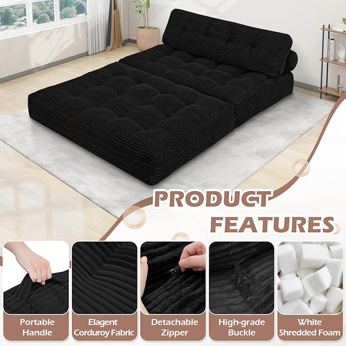 Folding Sofa Bed Convertible Sleeper Chair with Pillow &amp Handle Foldable Mattress Futon Chair Bed Lounge with Back Support Comfy Floor Sofa for Living Room Bedroom Black Full