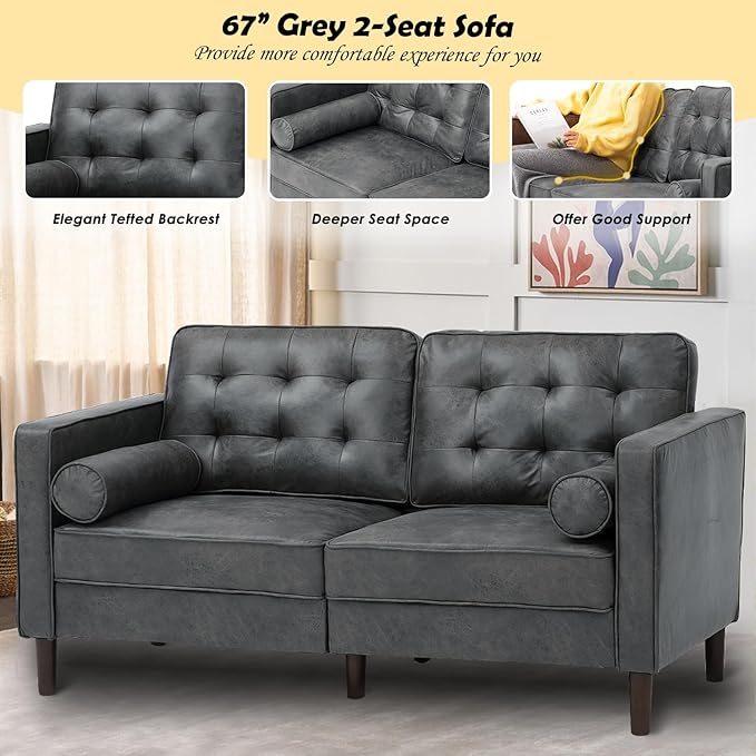 67 Suede Leather 2 Seater Sofa with Two Bolster Pillows Tufted Sofa with Wooden Legs Mordern Couch for Living Room Office Apartment Grey