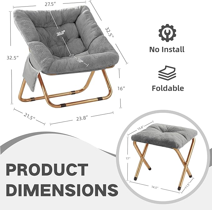 Comfy Saucer Chair for Adults Foldable Living Room Chairs Soft Faux Fur Lounge Chair for Bedroom Reading Chairs X-Large (Ottoman-Grey)