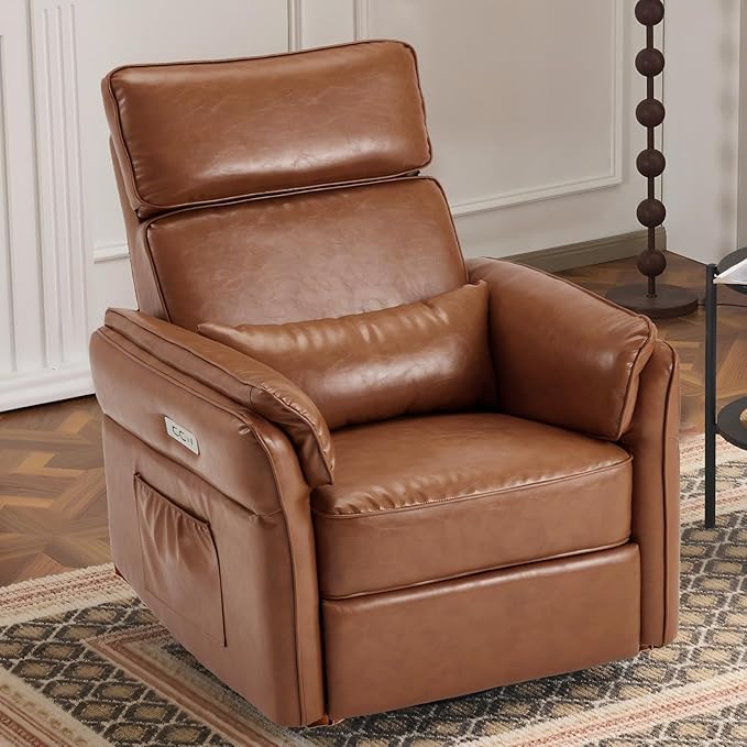 Power Recliner Rocking Chair Nursery Gliders with Adjustable Armrests and Headrest Swivel Electric Glider Reclining Nursing Chair with USB Port and Storage Bags FSC Certified (Leather Brown)