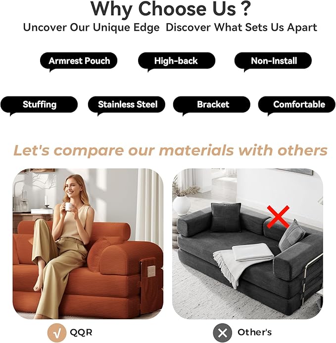 Upgrade High Backrest Design Sofa Bed with Fixed-Shape Frame &amp Removable Armrests and Backrest Corduroy Fabric Convertible Mattress Couch for Small Spaces - No Assembly Needed (High Backrest Ora