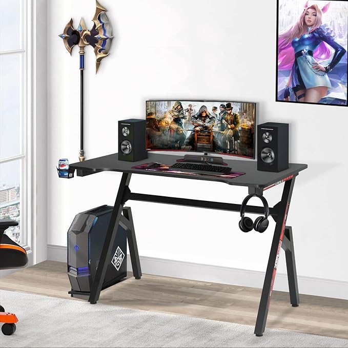 FDW Computer Desk Gaming Desk Student PC Desk Writing Desk Office Desk Modern Ergonomic Racing Style Table Workstation Carbon Fiber Headphone Hook (47in Red)