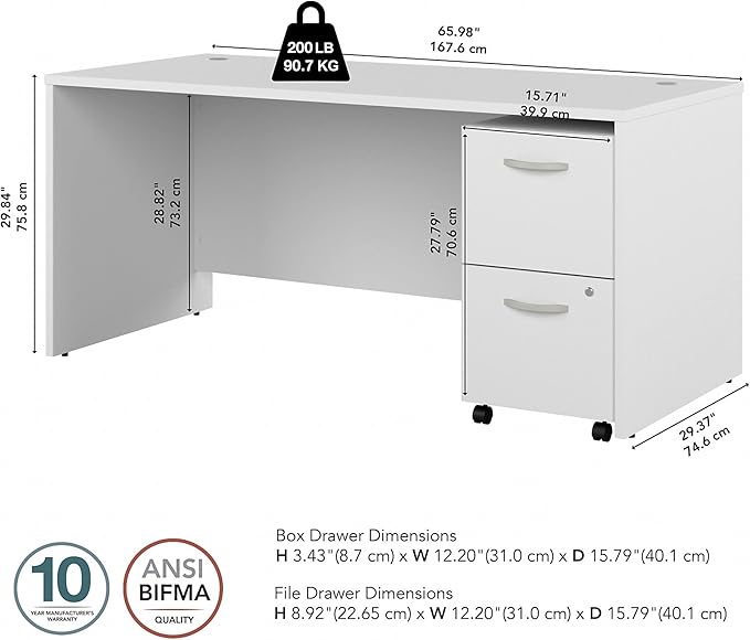 Bush Business Furniture Studio C 66W x 30D Office Desk with 2 Drawer Mobile File Cabinet in White