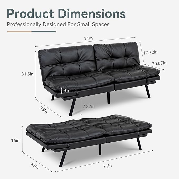 Futon Sofa Bed Convertible Couch Black Faux Leather Sofa Bed with Memory Foam Adjustable Backrest &amp Armrests Multifunctional Small Loveseat Sleeper Sofa for Living Room Apartment Office