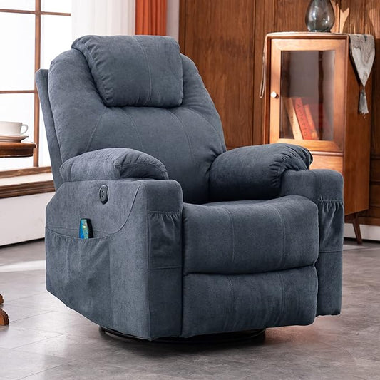 Manual 360° Swivel Rocker Recliner Chair Ergonomic Fabric Lounge Sofa Chair Glider Rocking Heated Massage Chair with Side Pockets 2 Cup Holders &amp USB Ports for Living Room Bluish Grey