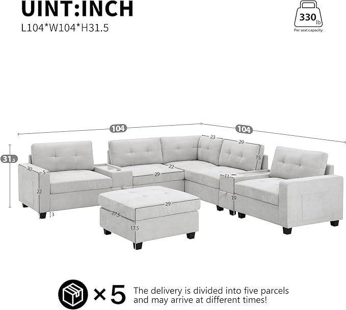 104'' Sectional Sofa with 2 Acrylic Consoles Oversized U Shaped Couch Set with USB ChargerStorage DrawersPocketsMovable OttomanChenille Modular Sectional Sofa for Living RoomApartment(Beige)