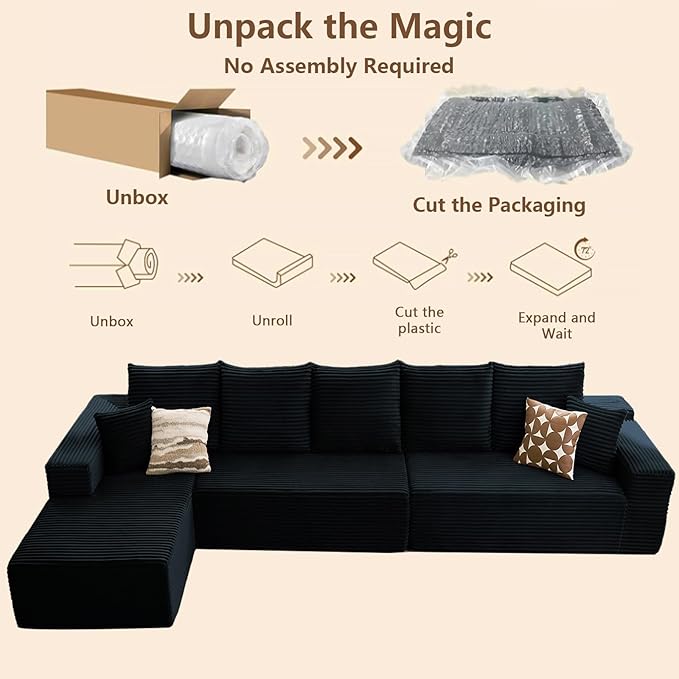 Cloud Modular Sectional Sofa for Living Room167x69.7 W Oversized L-Shaped Couch with 7 PillowsBig Comfy Couches SetFluffy Deep-Seat Corduroy Sofa with ChaiseNo Assembly (BlackLeft-Facing Chaise)