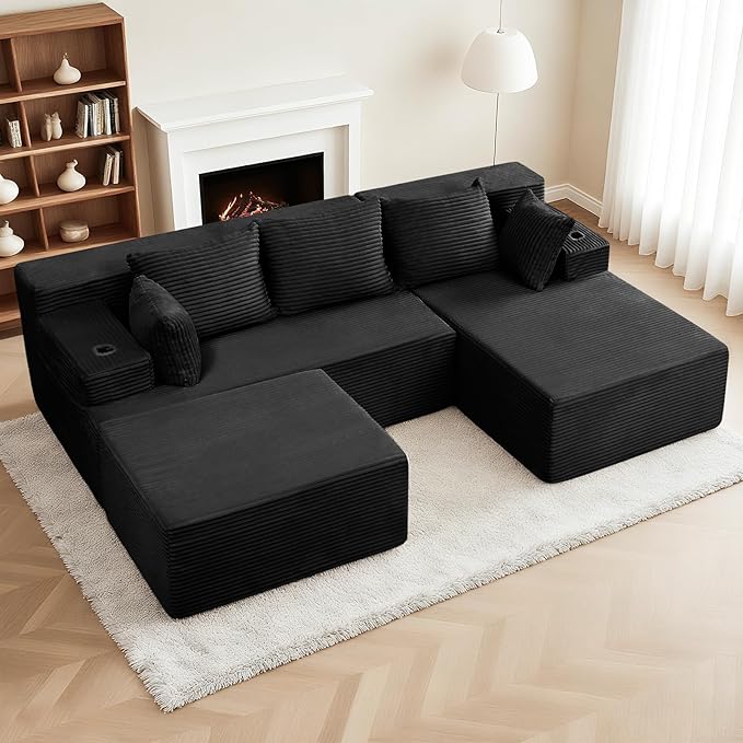 Boneless Couch Cloud Modular Sectional Sofa Modern Convertible L Shaped 3 Seat Corduroy Deep Seat Boneless Couches with 5 Pillows for Living Room Apartment (Black Right Facing Chaise+Ottoman)