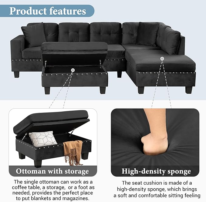 Ball &amp Cast L-Shape Sectional Couch with Storage Ottoman105 Couches for Living Room W/ 2 Pillows &amp Cup Holders6 Seat Velvet Sleeper Sofa W/Reversible ChaiseComfy Couches for ApartmentBlac