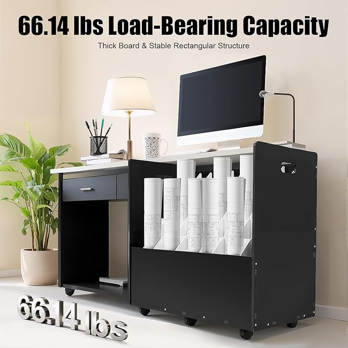 Mobile Roll File Storage Organizer with Wheels 50 Slots Black Mobile Files Storage Cabinet Construction Plan Holders Roll Files Storage for Office School(50 Slots Balck)