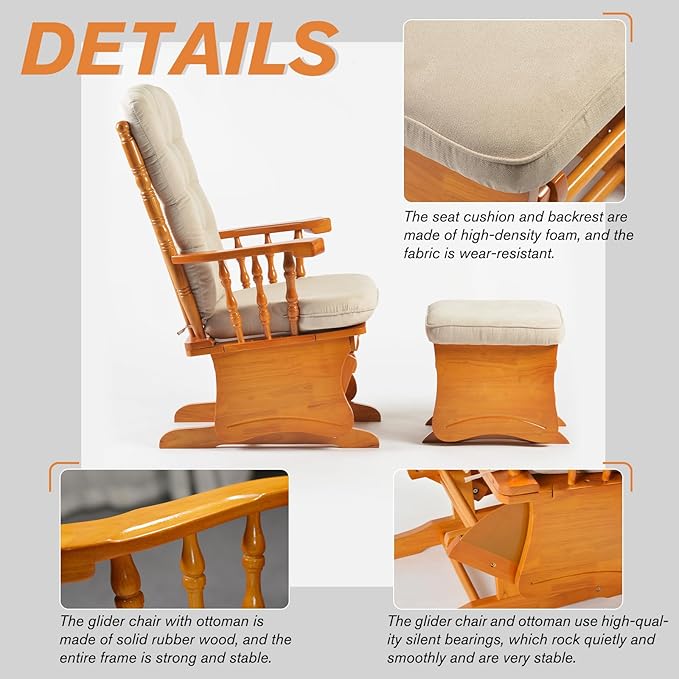 Anti-Pinch Solid Wood Hand Glider Rocking Chair Set with Ottoman with Padded Cushion Rustic Rubber Wood Nursery Glider for Nursing Relaxing Living Room Bedroom Honey Colored