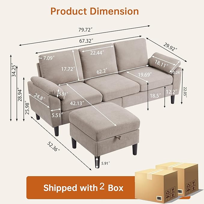 Convertible Sectional Sofa Couch with Ottoman 79 Modern L Shaped 3 Seat Sofa Linen Fabric Small Sectional Couch with Movable Storage Ottoman for Small Spaces Living Room (Beige)