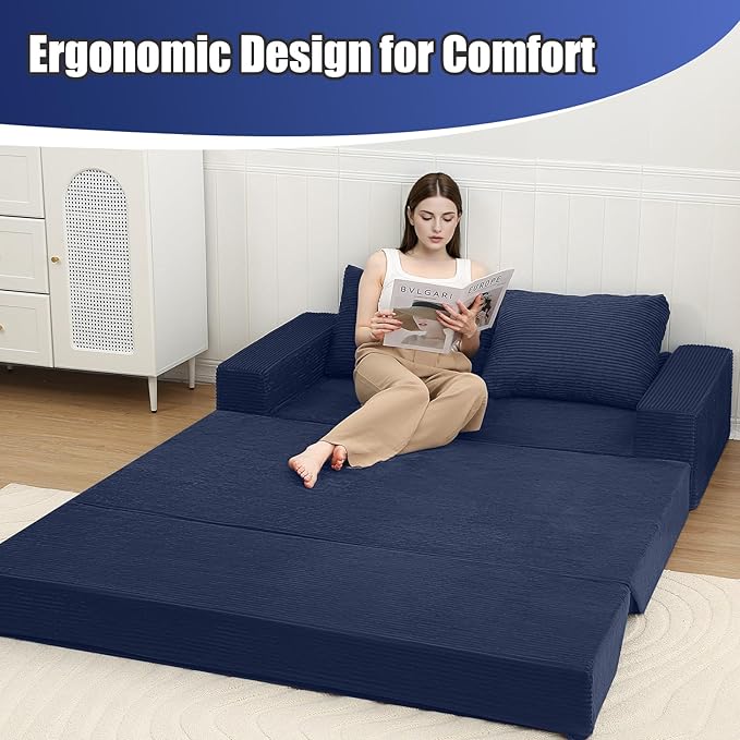 COMAX Convertible Sofa Bed Queen Corduroy Folding Floor Couch Pull Out Couch Bed Futon Sleeper with Pillows Fold Out Boneless Sofa Comfy Lounge Mattress Loveseat for Living Room Bedroom Navy