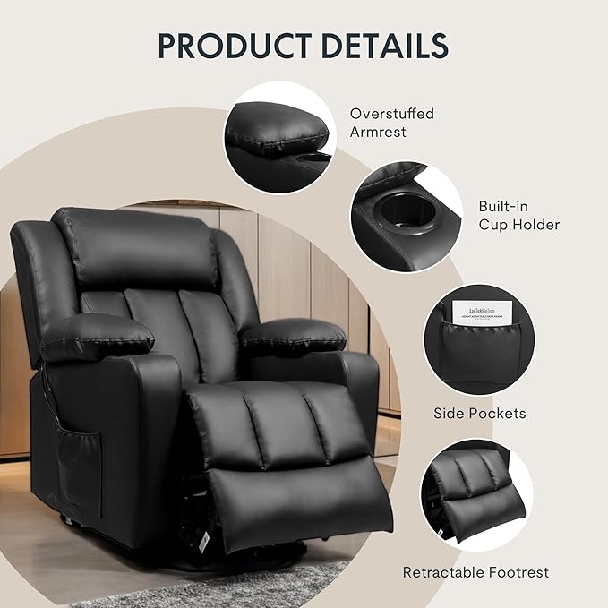 FLEXISPOT XL31 Power Lift Recliner Chair for Elderly Electric Lift Chair with Massage &amp Heat PU Leather Reclining Sofa w/Cup Holders Side Pockets for Living Room Bedroom(Medium SizeBlack)