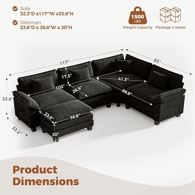 CDCASA 117 Oversized L-Shaped Modular Sectional Cloud Couch with Corner Comfy 5-Seat Sofa w/Ottoman Chenille Deep Seat Modern Sofa Couch for Living Room Apartment DIY Combination Black
