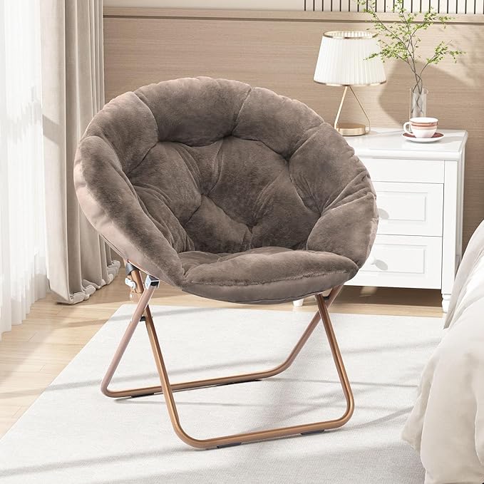 Cozy Saucer Chair Living Room Chair Faux Fur Soft Thick Padded Seat Metal Frame Folding Chair Comfortable Moon Chair for Living Room Bedroom Reading Nook Modern Style 1 Pack Brown