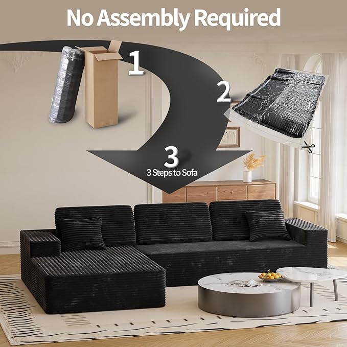 109 L Shaped Cloud Modular Sectional Couch w/Lounge Chaise Plush Corduroy Boneless Couch in a Box Comfy Modern Modular Sectional Sofa for Living Room Bedroom Apartment Corner (Black Left Facing)