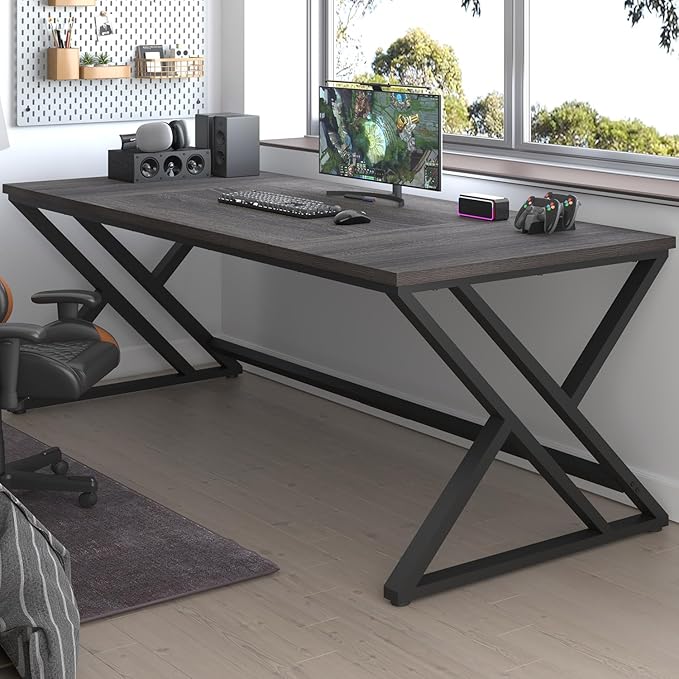 LVB 78.7 Long Executive Desk Modern Large Computer Office Desk Wood Metal Simple Pc Study Gaming Writing Table Industrial Laptop Desk Workstation for Home Bedroom Living Room Dark Gray 78.7 Inch