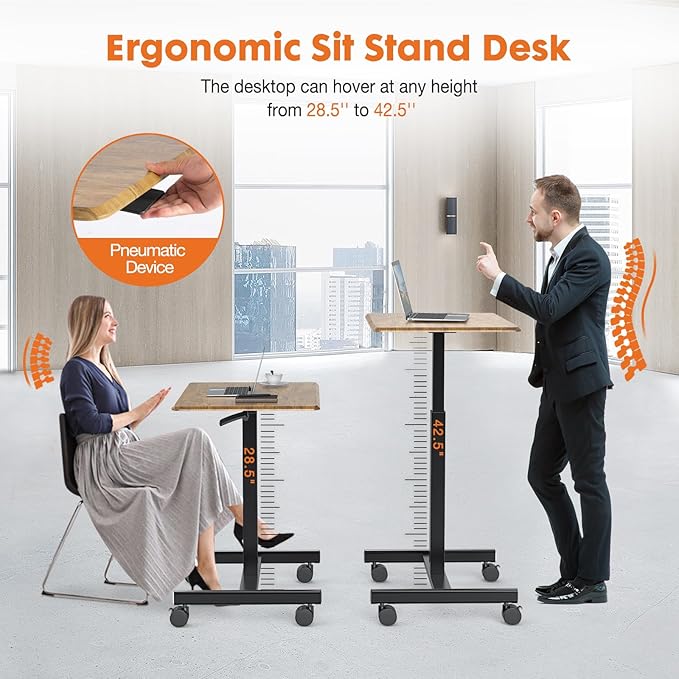 Sweetcrispy Small Mobile Rolling Standing Desk - Overbed Table Mobile Portable Rolling Laptop PC Table with Locking Wheels Adjustable Height Computer Workstation for Home Office 19 InchBrown