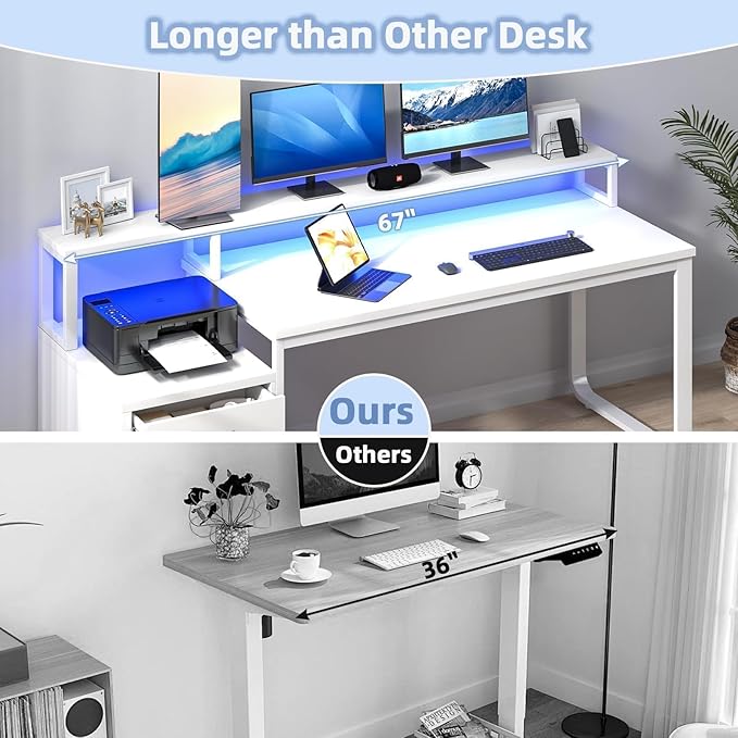 67'' White Desk with Drawers Computer Desk with Printer Shelf Home Office Desk with Moniter Stand and LED Lights White