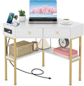 Giantex Corner Desk with Charging Station 90 Degree Triangle Computer Desk with 2 Drawers &amp Storage Shelf L-Shaped Writing Desk Makeup Vanity Table Compact Corner Desk for Small Spaces (White)