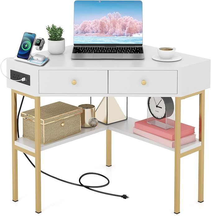 Giantex Corner Desk with Charging Station 90 Degree Triangle Computer Desk with 2 Drawers &amp Storage Shelf L-Shaped Writing Desk Makeup Vanity Table Compact Corner Desk for Small Spaces (White)