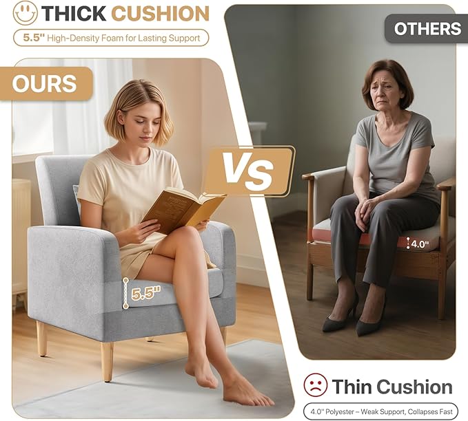 Magshion Mid-Century Accent Chair for Living Room Comfy Reading Chair for Bedroom Upholstered Linen Fabric Armchair Single Sofa with Back Pillow &amp Wood Legs 300 lbs Capacity Gray