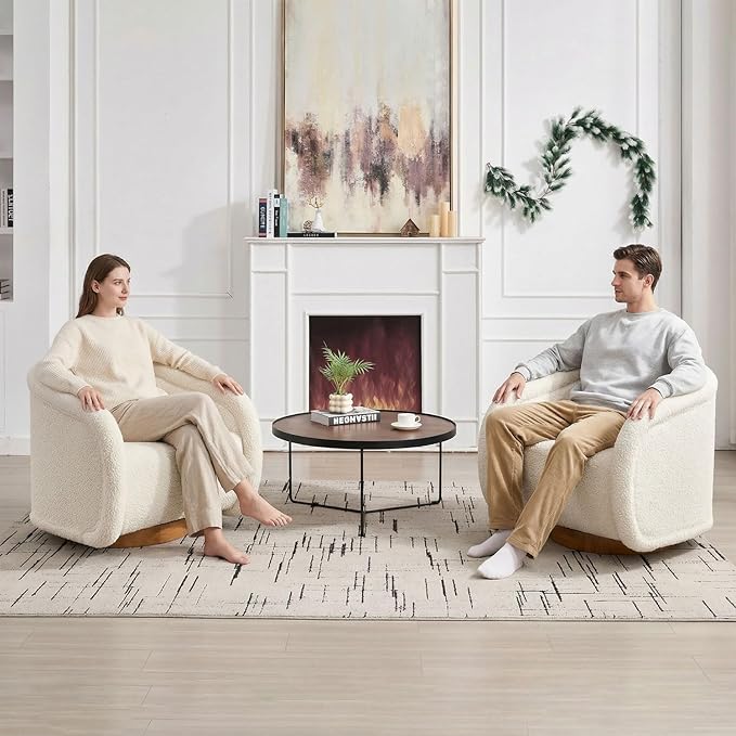 Set of 2 Swivel Accent Chairs 360° Barrel Lounge Chairs Soft Teddy Upholstered Armchairs with Ergonomic Curved Back and Thick Foam Cushion for Living Room Bedroom Apartment Office – Off White