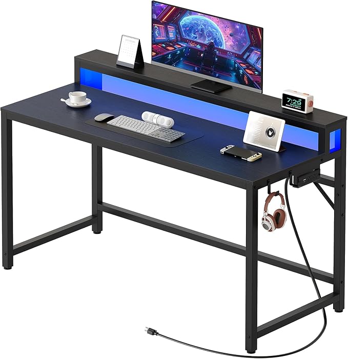 47.2 Computer Desk with Charging Station and LED Lights Gaming Desk with Monitor Stand 2-Tier Home Office Desk with 4 Side Hooks for Living Room Home Office Black DN12UDBB