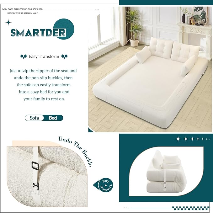 Convertible Sofa Bed with Folding Mattress Oversized Human Dog Bed 3-in-1 Sleeper Couch with Pillows and Thick Armrests 78.7 King Size Floor Sofa for Living Room Bedroom Guest Room White Teddy