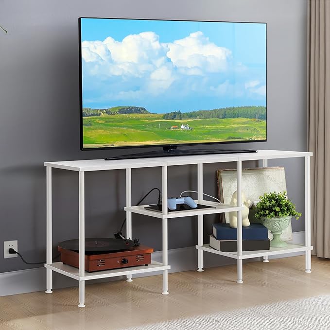 TV Stand for Bedroom up to 50 Inch Modern TV Stands with Power Outlets Small Entertainment Center with Storage 3 Tier TV Cabinet Console Table for Living Room Bedroom Office White