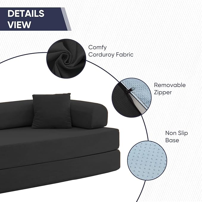 ijuicy 4-in-1 King Convertible Floor Sofa Bed w/ 2 PillowModular Sleeper Sofa/Folding Futon Couch Bed w/Cylindrical Backrest and Fixed FrameLounge CouchCorduroy Compression Sofas for Home-Dark Grey