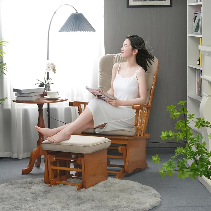 Anti-Pinch Solid Wood Hand Glider Rocking Chair Set with Ottoman Padded Cushion Rustic Rubber Wood Nursery Glider for Nursing Relaxing Living Room Bedroom Honey Colored
