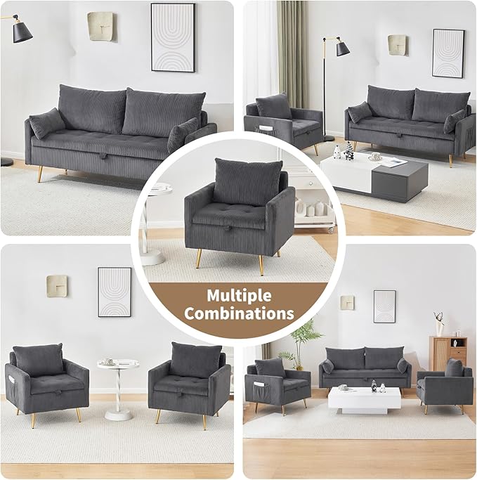 Furnimart 3-Piece Storage Sofa and Couch Set Corduroy Loveseat with 2pc Accent Single Chairs Small Living Room Furniture Set for Apartment Tiny Homes and Lofts 3PC-Gray