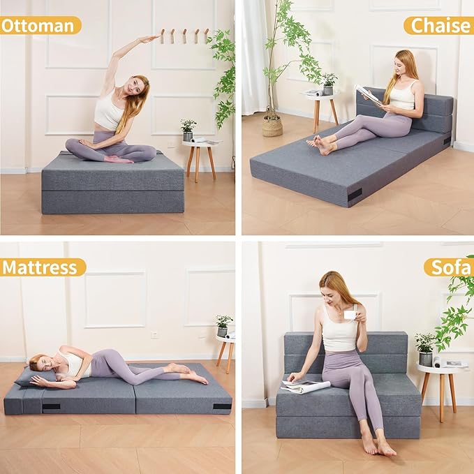 Folding Sofa Bed Twin Size Foldable Sleeper Chair with 2 Pillows Convertible Futon Sofa Bed with Washable Cover Fold Out Couch for Living Room Dorm Guest Room Standard Size Light Grey