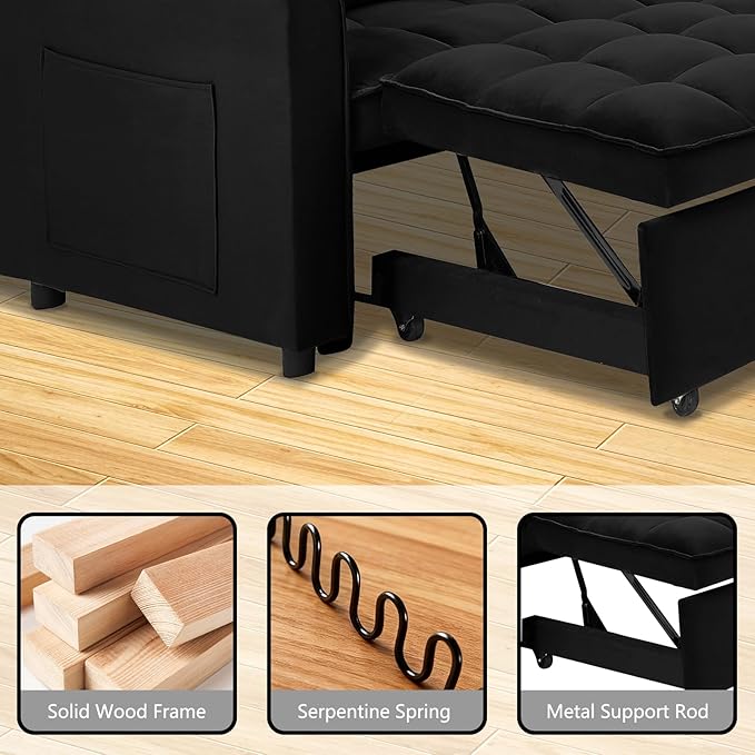 53'' Convertible Sleeper Sofa Bed Modern Velvet Fabric Adjustable Backrest Side Pocket and 2 Pillows 3-in-1 Pull Out Loveseat Couch for Living Room Bedroom Small Spaces Black
