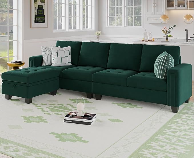 Belffin Velvet Reversible Sectional Sofa with Chaise Convertible L Shaped 4-seat Sectional Couch with Storage Ottoman Green
