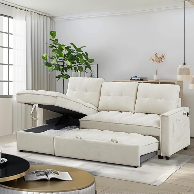 78.75 Sleeper Sofa CouchModern L-Shaped Couches Pull Out Couch with USB Ports&ampSide PocketSleeper Sectional Sofa for Living Room ApartmentChenille(Beige)