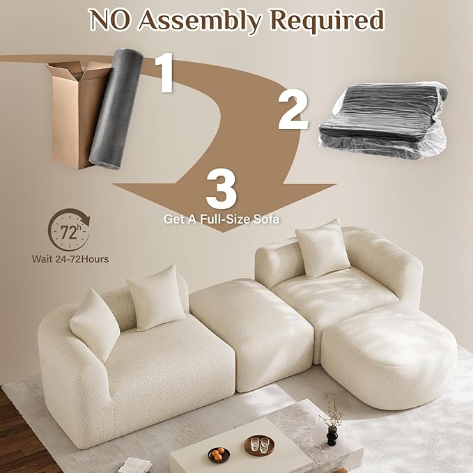 120 Curved Sectional Sofa Cream Cloud Couch Boneless Modular Sectional Couch for Living Room Oversized L Shaped Curved Couches Comfy Modern Sofa Plush Chenille with Ottoman Cream White