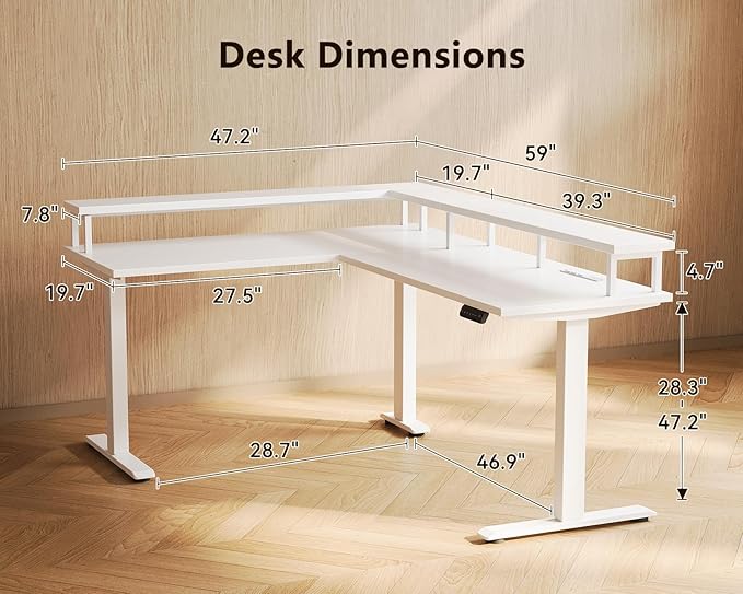 AODK Electric L Shaped Standing Desk 59 Inch Height Adjustable Stand Up Desk with Power Outlets ＆ Full Monitor Stand Reversible Corner Desk for Home Office ＆ Computer Workstation White