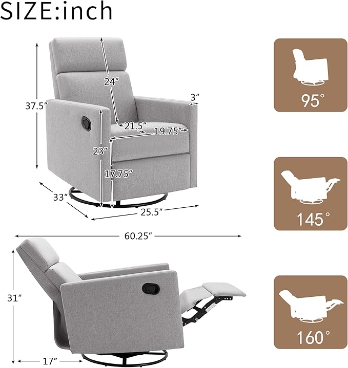 Swivel Rocker Recliner Chair 360 Degree Swivel Nursery Rocking Chair Manual Glider Rocking Recliner Chair for Living Room Bedroom (Grey)